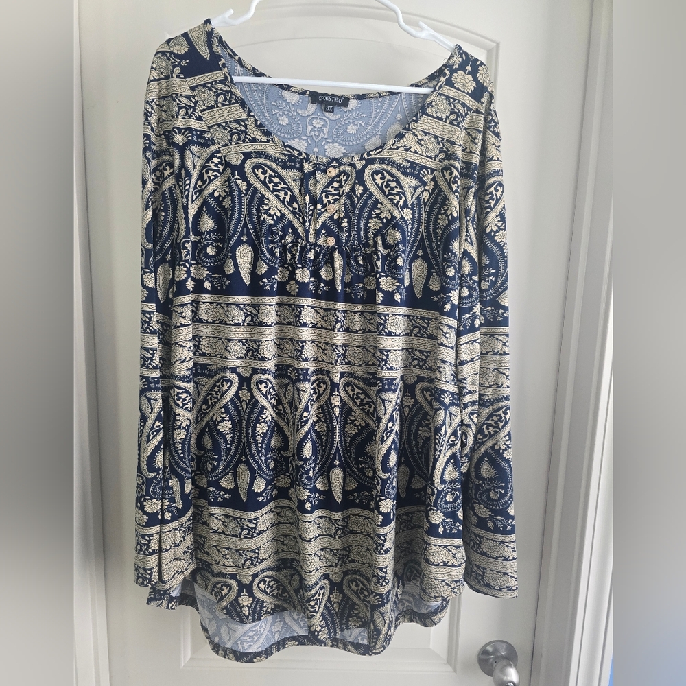 Women's Knit Top Long Sleeve Blue Printed